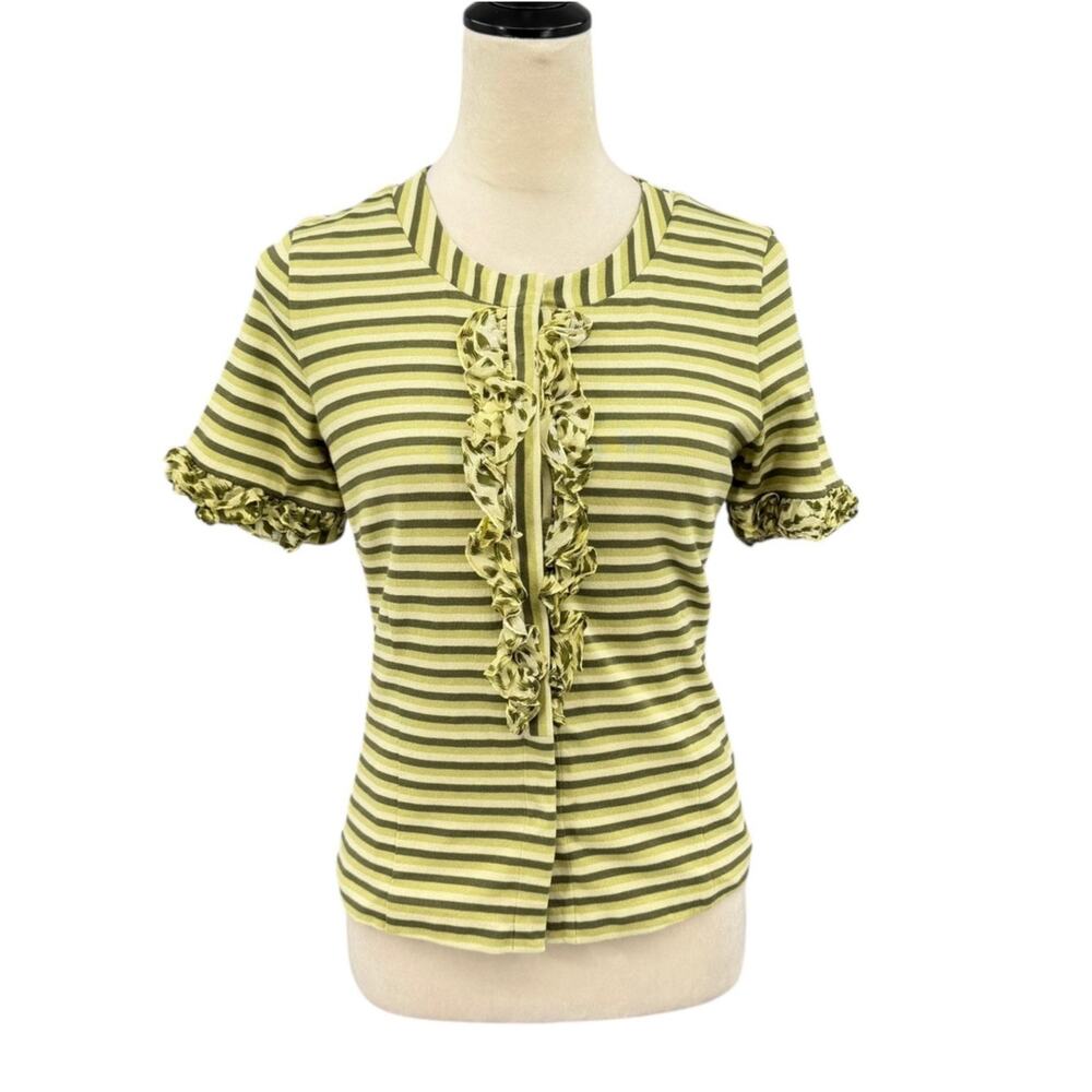 Carlisle Monochromatic Green Stripe Silk Ruffle Front Flirty Fitted Knit Top